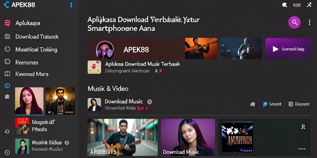 Tampilan antarmuka APEK88 dengan fitur Download Musik yang lengkap.