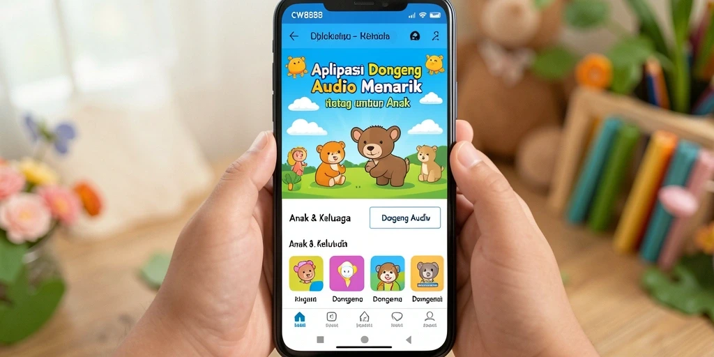 Antarmuka aplikasi CW8888 dengan berbagai pilihan dongeng audio.