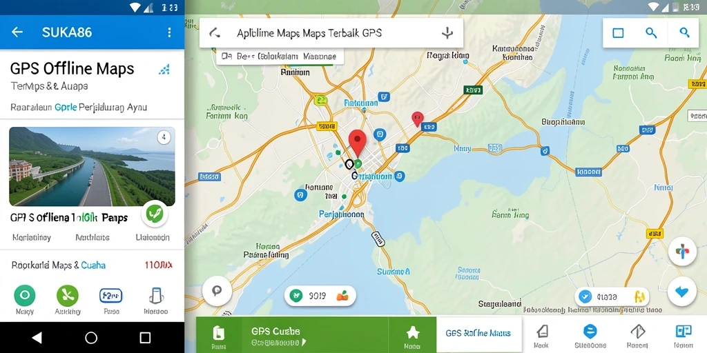 Screenshot utama menunjukkan antarmuka aplikasi GPS Offline Maps yang informatif.